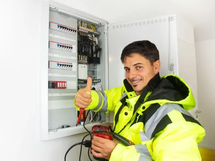 Elektriker mit Messgerät an einem geöffneten Stromverteiler