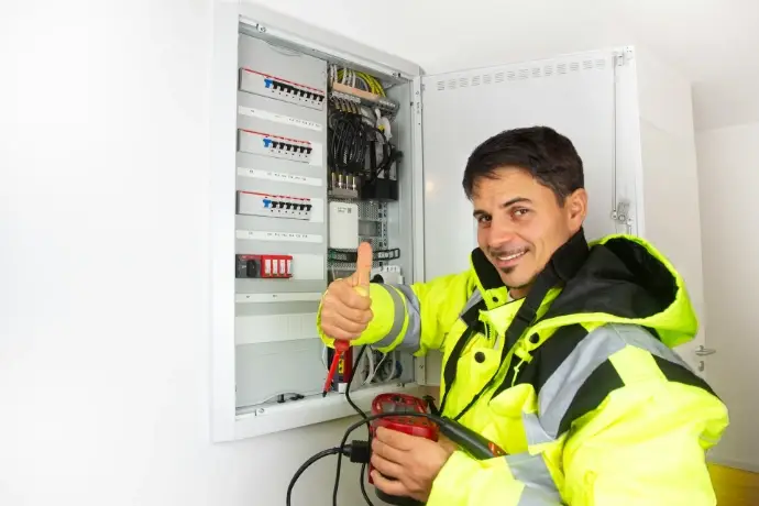 Elektriker mit Messgerät an einem geöffneten Stromverteiler